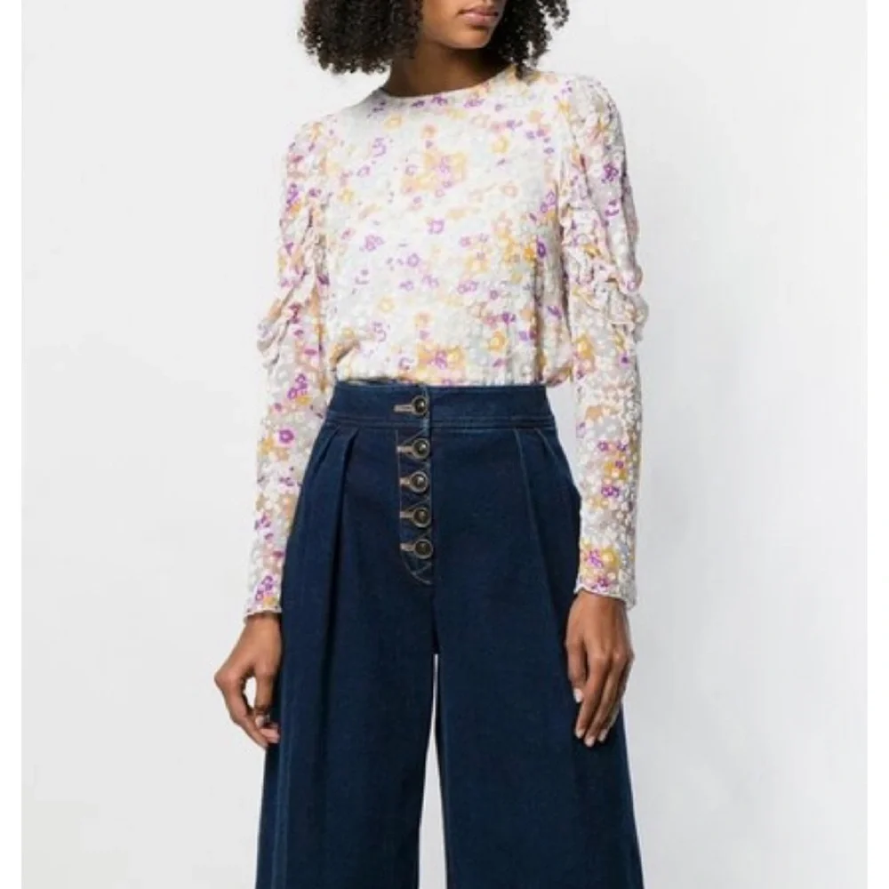 SEE BY CHLOÉ • Multi Floral Velvet Burnout Ruffle Long Sleeve Silk Blouse, 2 - Picture 1 of 16
